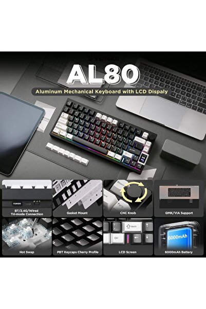 YUNZII AL80 Wireless Mechanical Keyboard, Full Aluminum, Smart LCD, Hot-Swappable 75%