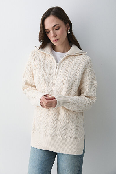 Laluvia Cream Hair Braided Zippered Sweater - 251066