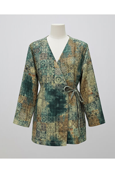 MİYALORA Beli Bağlamalı Haki Desenli Kapitone Kimono