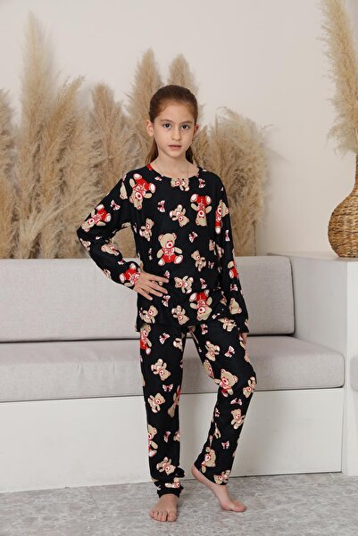 Kompedan Kız Çocuk Süet Siyah Ayıcık Desenli Pijama Takım | 136