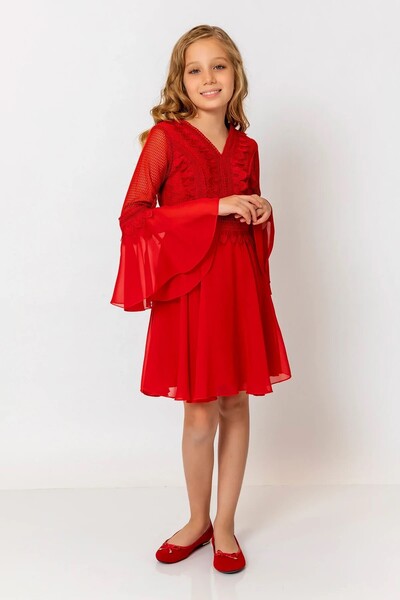 incity Girls' Red Lace and Flounce Sleeve Detailed Dress