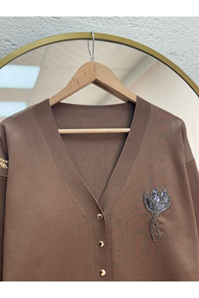MİHRA STORE Gavessa Stone Embroidered Cardigan with Metal Buttons on the Sleeve and Front-Sy3260 Mink