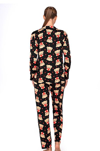 Kompedan Lizbon Kumaş Siyah Ayıcık Desenli Önden Düğmeli Kadın Pijama Takımı