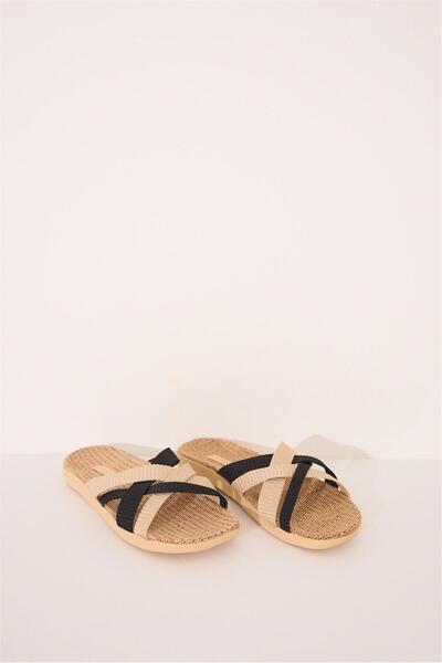 Perspective Women Secret Бежево-чорні пляжні капці з ремінцем