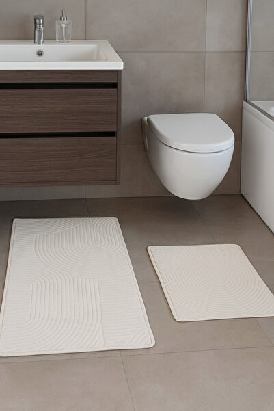 Geus Halı Banyo Paspas Seti 2'li Krem Yumuşak Kaymaz Taban Yıkanabilir Leke T...