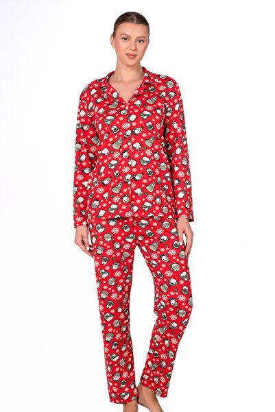 Kompedan Lizbon Kumaş İçi Şardonlu Kırmızı Kış Desenli Önden Düğmeli Kadın Pi...