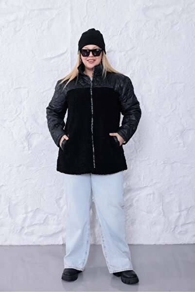 Siyezen Plus Size Quilted Plush Detailed Coat