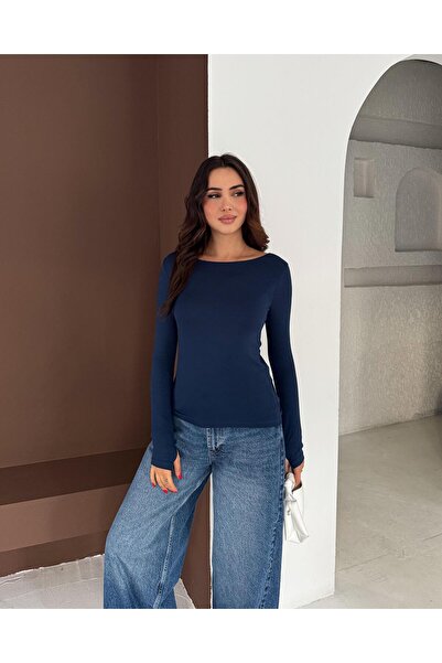 Elaxi Women's Boat Neck Finger-Looped Long Sleeve Full Stretch Fabric Cotton Viscose Buzzy Body T-Shirt