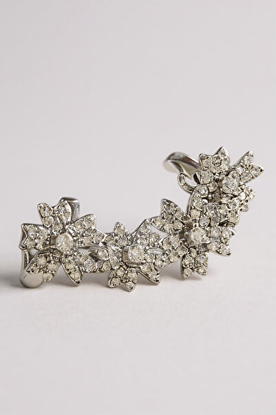 TAKIŞTIR Gümüş Renk Çiçek Figürlü Taş Detaylı Ear Cuff (Tek)