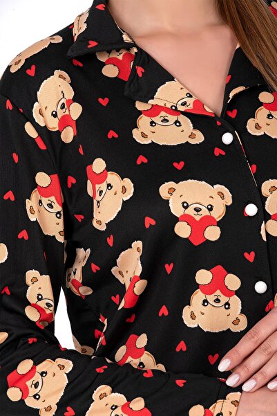 Kompedan Lizbon Kumaş Siyah Ayıcık Desenli Önden Düğmeli Kadın Pijama Takımı