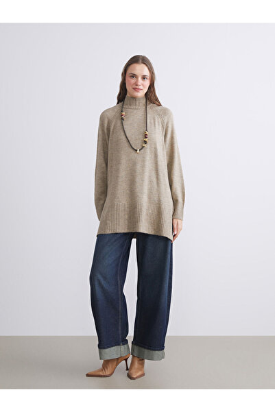 LC Waikiki Modest Beige Mock Neck Oversized Women's Knitwear Tunic