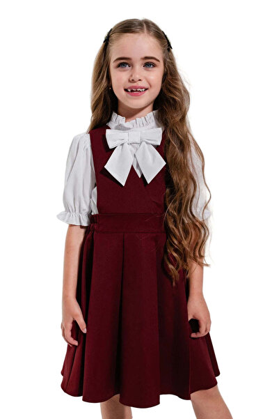 SOLLUXE ADELAIDE – Pinafore dress in suiting fabric with V-neck and full flared skirt, burgundy, 134