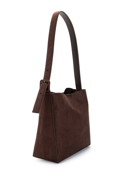 minebag Suede Alita Shoulder Bag with Belt Strap Detail, Brown