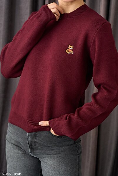 cemo Women's Round Neck Knit Sweater with Embroidered Teddy Bear Detail