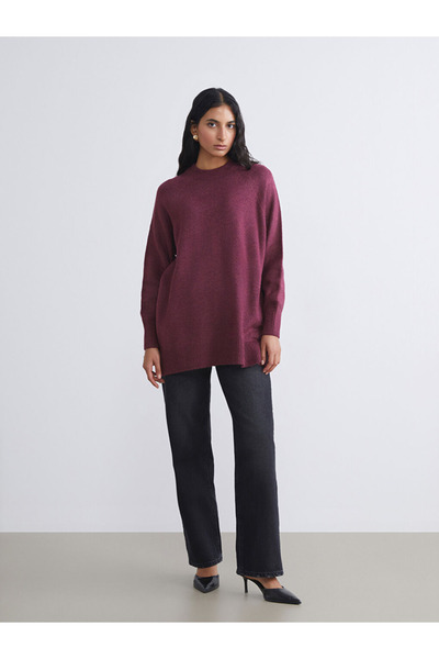 LC Waikiki Modest Burgundy Crew Neck Oversized Women's Knitwear Tunic