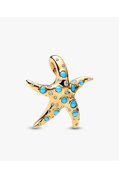 POSEİDONS JEWELLERY Gold Color Sparkling Blue Starfish Dangle Charm S925