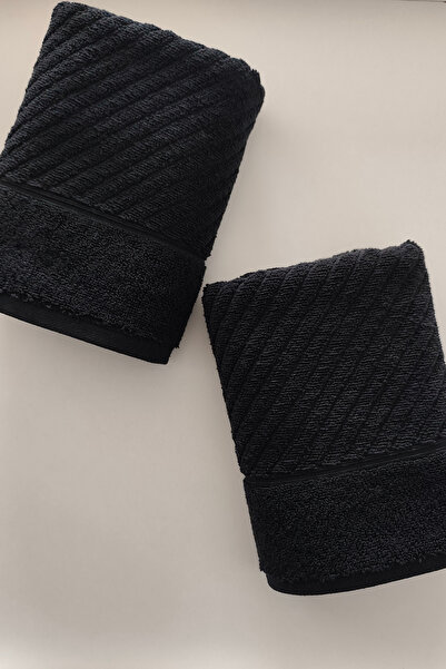 Sevim Πετσέτες χεριών από 100% βαμβάκι 2 τεμαχίων - Μοντέρνο σχέδιο με ρίγες - Μαλακή υφή - Μαύρο χρώμα