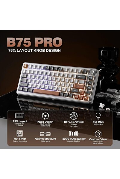 YUNZII B75 PRO Wireless 75% Mechanical Gaming Keyboard (Cocoa Cream V2, Grey)