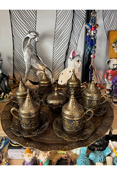 Atak Hediyelik 6-Person Forged Bronze Copper Cup Set with Tray, Turkish Delight Bowl 85 ml