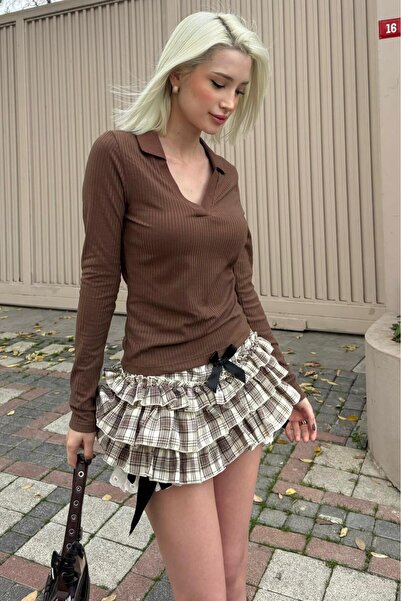 Madmext Bitter Brown Polo Neck Corded Fabric Women's Bodysuit Mg2566