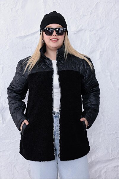 Siyezen Plus Size Quilted Plush Detailed Coat