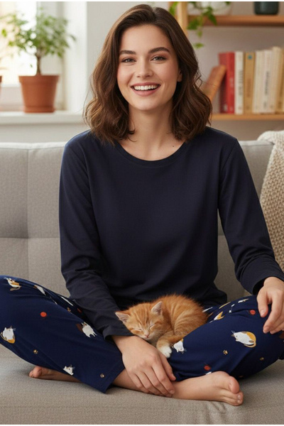 Siyah İnci Navy Blue Cat Patterned Cotton Knitted Pajama Set 7974