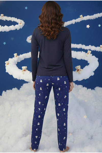 Siyah İnci Navy Blue Dog Patterned Cotton Knitted Pajama Set 7974