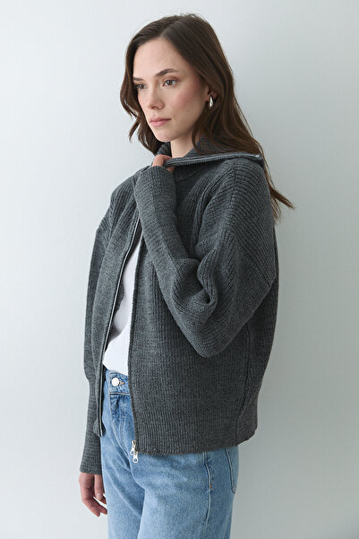 Laluvia Anthracite Double Zipper Cardigan - 251080