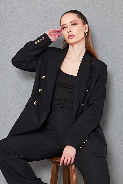 SheBoss Gold 6 Düğmeli Kruvaze Takım Siyah