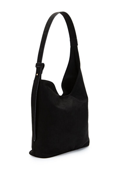 minebag Suede Curved Detailed Mona Shoulder Bag Black