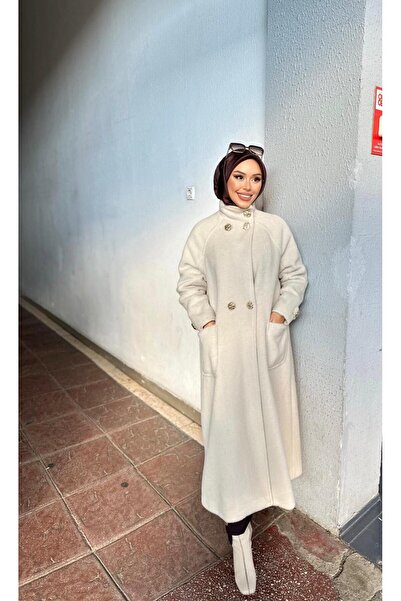 Minel Women's Beige Long Buttoned Coat 01