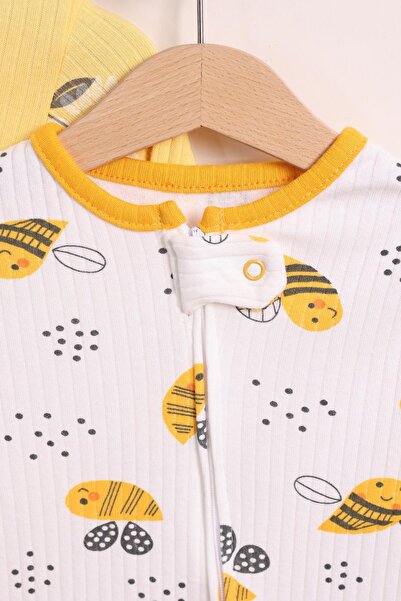 kidello Yellow Unisex Baby Boy Baby Girl 100% Cotton Zippered 3-Piece Bee Patterned Cuffed Romper Set (9 Months