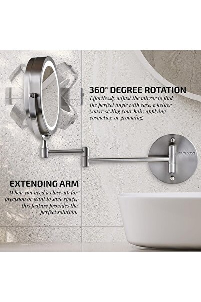 OVENTE Wall-Mount Makeup Mirror 1x/10x Dual-Sided LED Polished Nickel MFW70BR1X10X