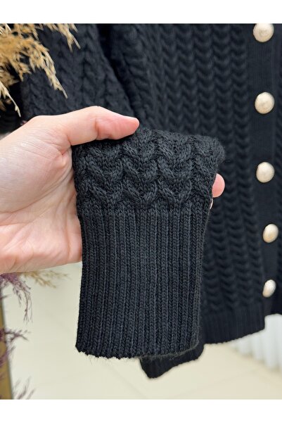 MİHRA STORE Lametta Gold Buttoned Knit Pattern Knitwear Cardigan-Sy478 Black
