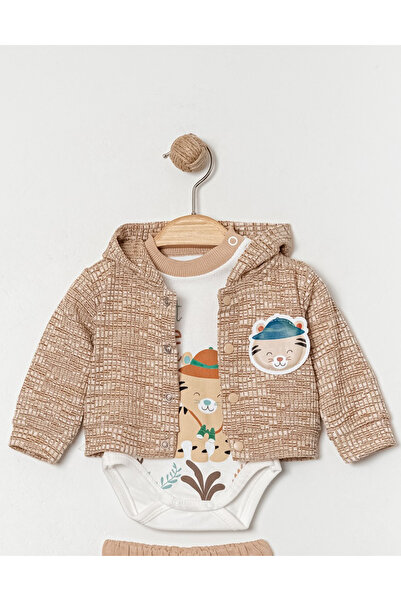 Yumilio Organic Cotton Little Explorer Kaplan Printed Hooded Cardigan Bodysuit and Pants 3-Piece Baby Boy Set