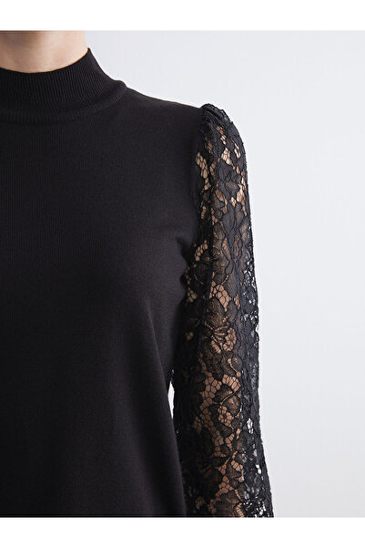 LC Waikiki Classic Black Half Turtleneck Lace Detailed Women's Knitwear Sweater