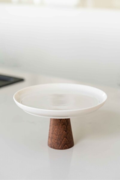 KaiHome Natural Wood Base Elevated Ceramic Serving Plate