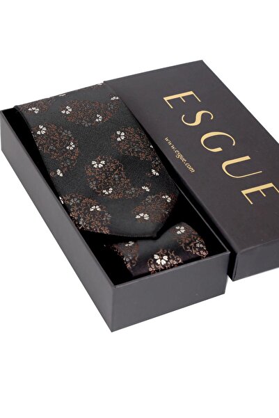 Esgue 8 cm Classic Wide Hand Made Black - Brown Drop Pattern Handkerchief Tie