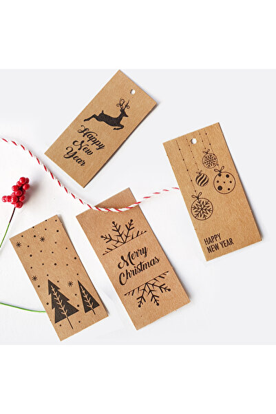 Bimotif 4lü yılbaşı kraft etiket seti, 3.5x7 cm (Deliklidir)