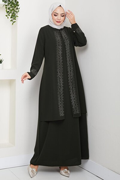 hafsamina Shiny Stone Plus Size Mother Dress Khaki Hm2856