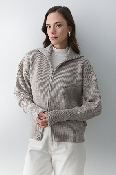 Laluvia Dark Beige Double Zipper Cardigan - 251080