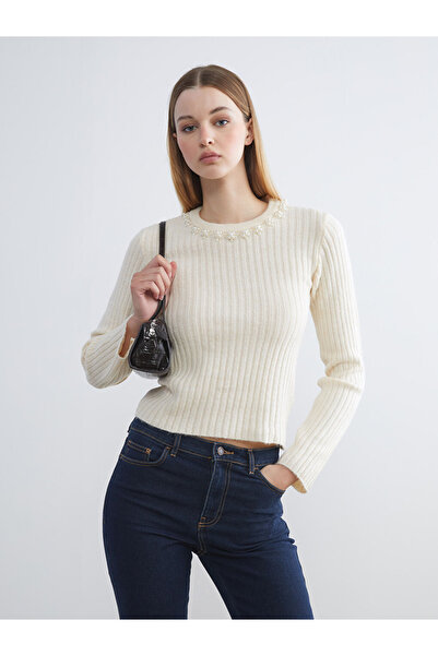 LC Waikiki Vision Ecru Crew Neck Beaded Embroidered Women's Knit Sweater