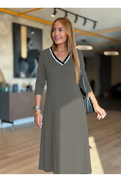 JANES Γυναικείο μακρυμάνικο φόρεμα με λαιμόκοψη σε σχήμα V, μίντι και πράσινο μοντέλο