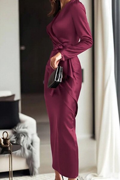 Mossta Double-Breasted Long Satin Dress with Neckline Belt - Burgundy