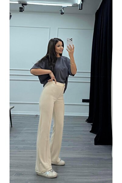 Daves Flared Palazzo Pantalon Camel with Grass Green Front