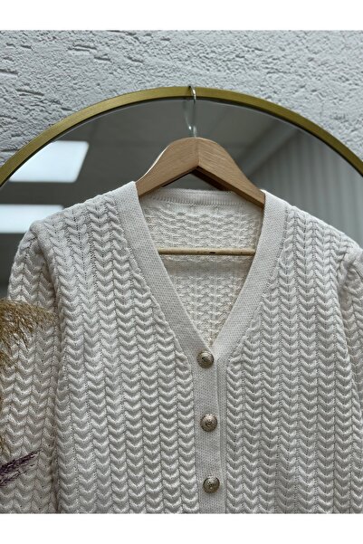 MİHRA STORE Lametta Gold Buttoned Knitted Pattern Knitwear Cardigan-Sy478 White