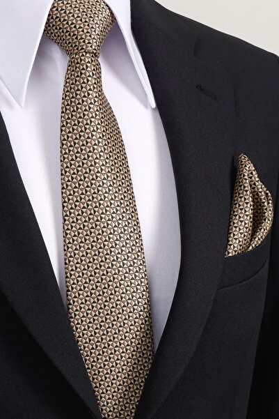 Esgue 8 cm Classic Wide Hand Made Black - Beige Geometric Pattern Handkerchief Tie