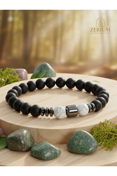 ZERİUM Mat Onyx and Howlite Natural Stone Bracelet Stress Relieving and Harmo...