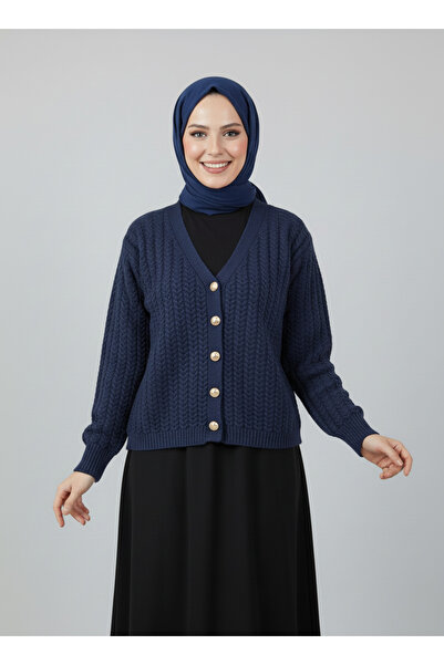 MİHRA STORE Lametta Gold Buttoned Knit Pattern Knitwear Cardigan-Sy478 Navy Blue