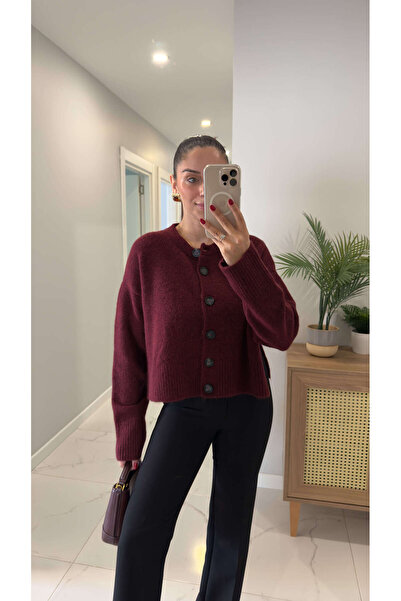 BİRCANÇİL Dlvin Fus Bordo Melanj Buttoned Slit Cardigan